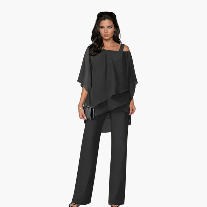 Women's Two-Piece Outfit Asymmetrical Layered Top and Wide Leg Pants Set