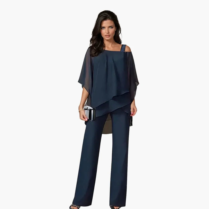 Women's Two-Piece Outfit Asymmetrical Layered Top and Wide Leg Pants Set