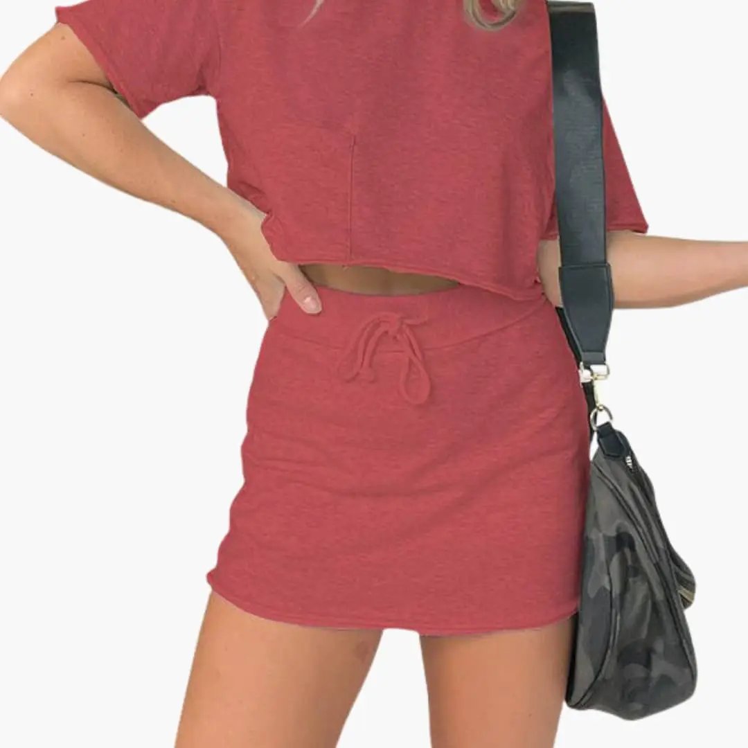 Women's Two-Piece Set with Crop Top and Drawstring Waist Skirt