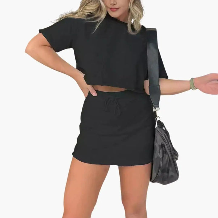 Women's Two-Piece Set with Crop Top and Drawstring Waist Skirt