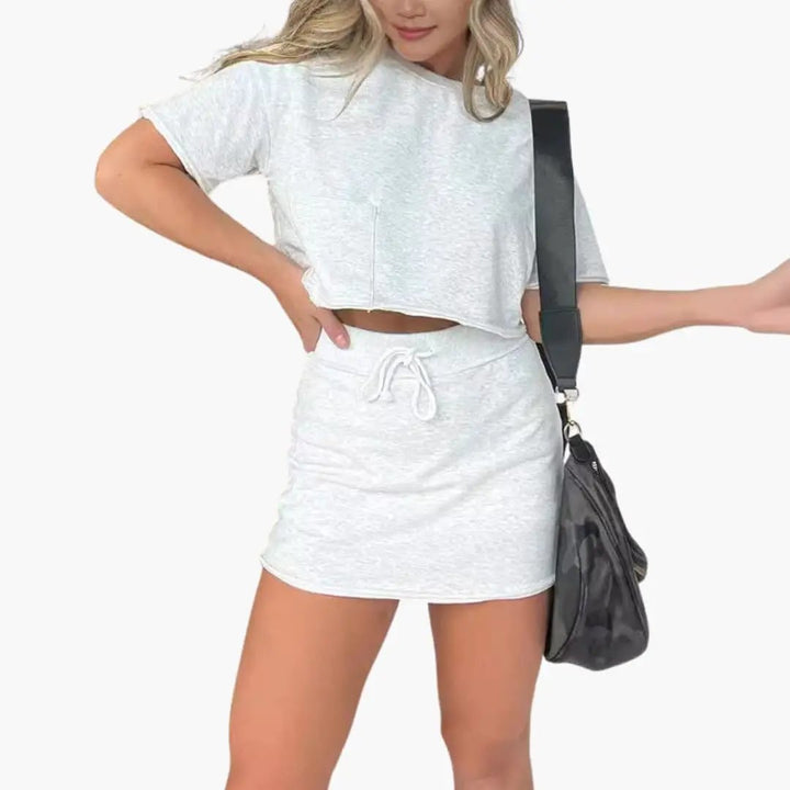 Women's Two-Piece Set with Crop Top and Drawstring Waist Skirt
