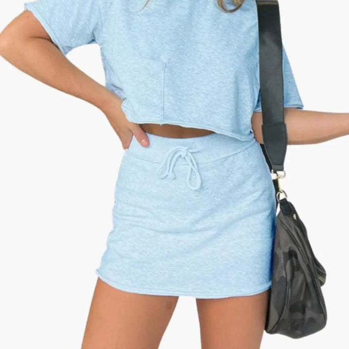 Women's Two-Piece Set with Crop Top and Drawstring Waist Skirt
