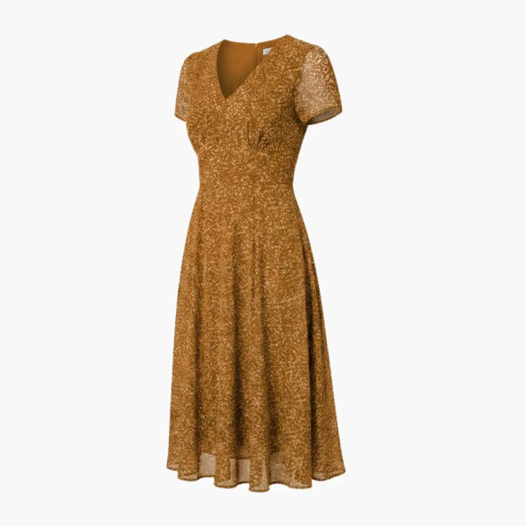 Women’s V - Neck A - Line Dress with Short Sleeves and Flared Hem