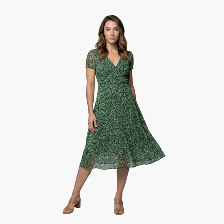 Women’s V - Neck A - Line Dress with Short Sleeves and Flared Hem