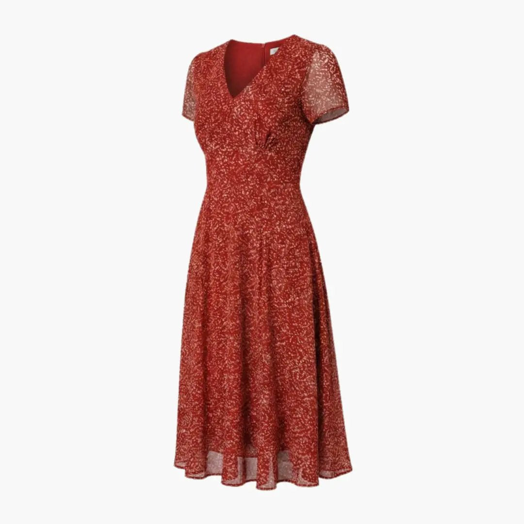 Women’s V - Neck A - Line Dress with Short Sleeves and Flared Hem
