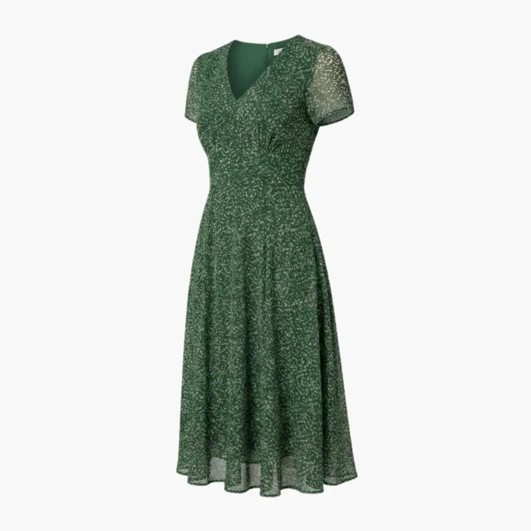 Women’s V - Neck A - Line Dress with Short Sleeves and Flared Hem