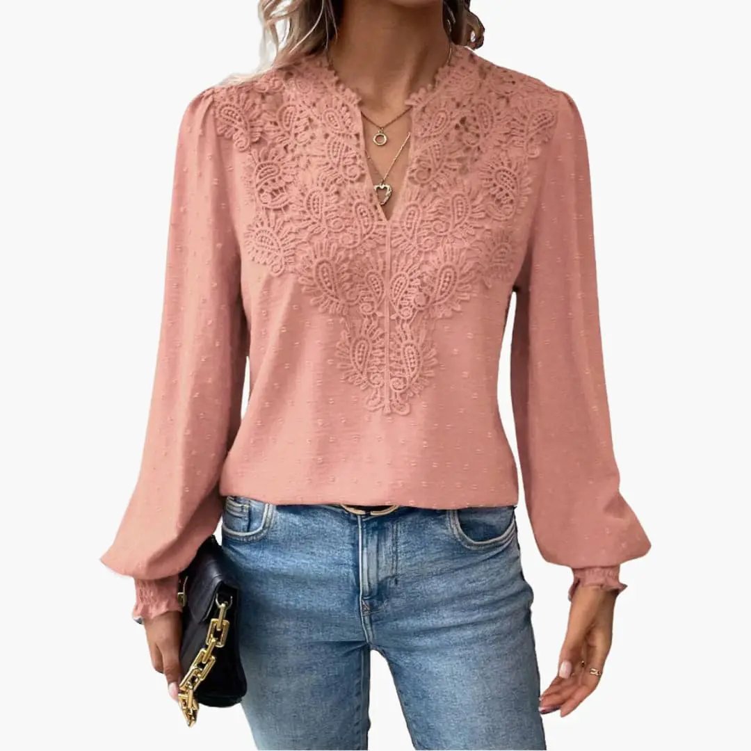 Women’s V-Neck Blouse Long Sleeve Loose Fit Top
