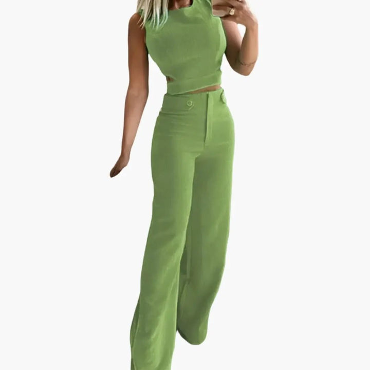 Women’s V-Neck Crop Top and High-Waisted Pants Set – Two-Piece Outfit