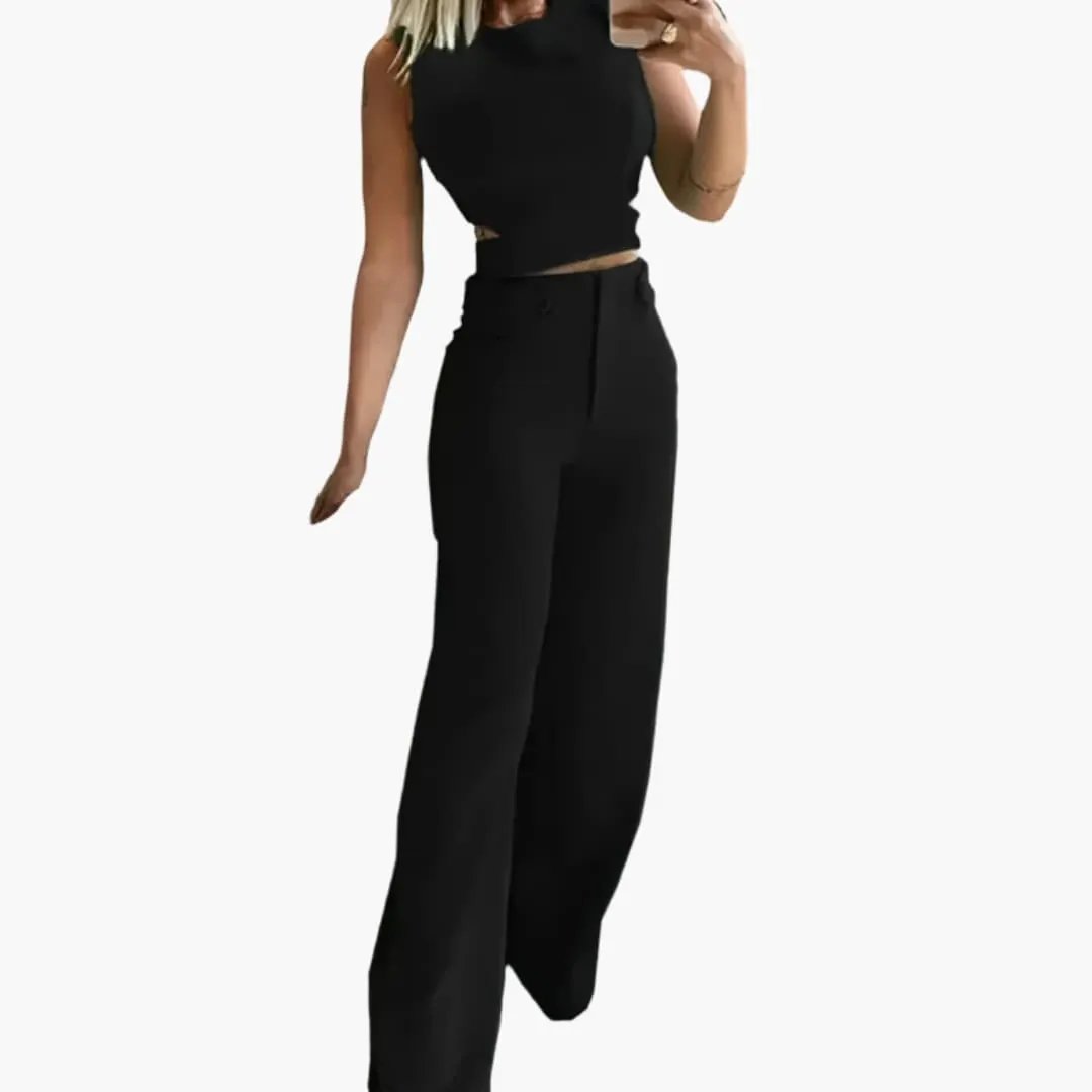 Women’s V-Neck Crop Top and High-Waisted Pants Set – Two-Piece Outfit