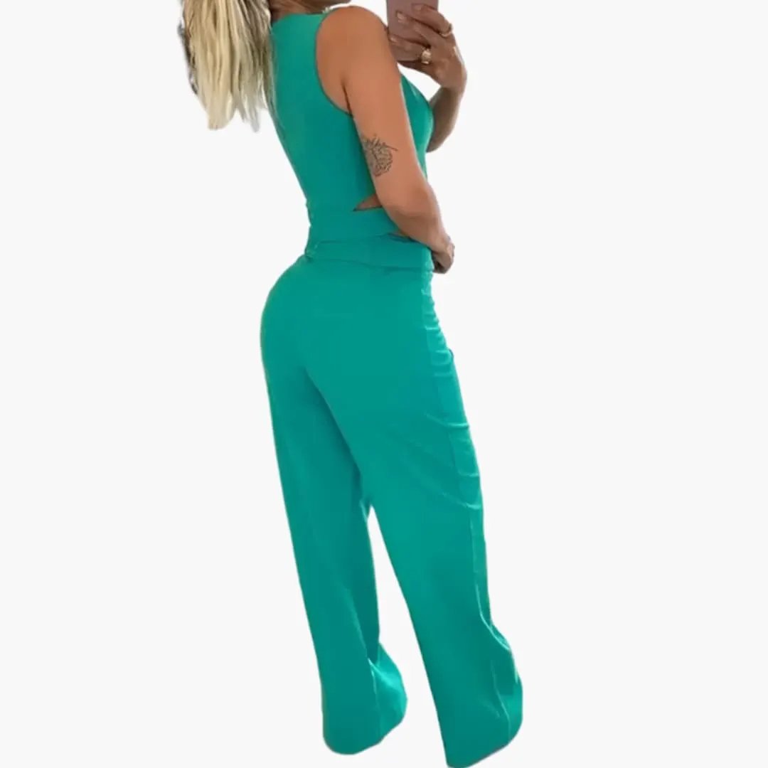 Women’s V-Neck Crop Top and High-Waisted Pants Set – Two-Piece Outfit