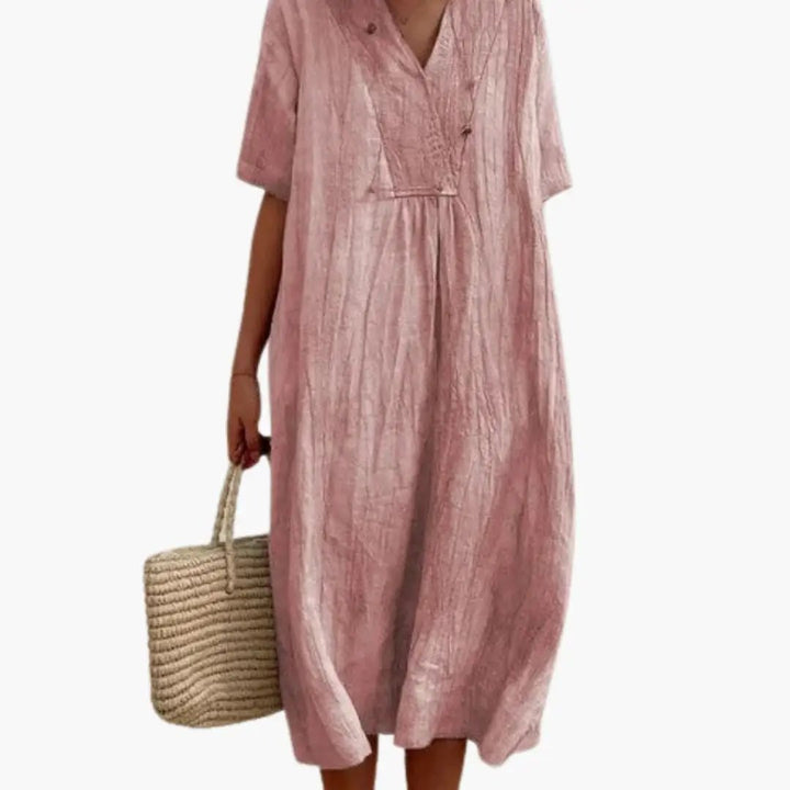 Women’s V-Neck Dress with Short Sleeves and Loose Fit