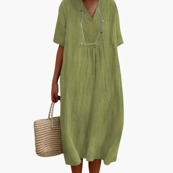 Women’s V-Neck Dress with Short Sleeves and Loose Fit