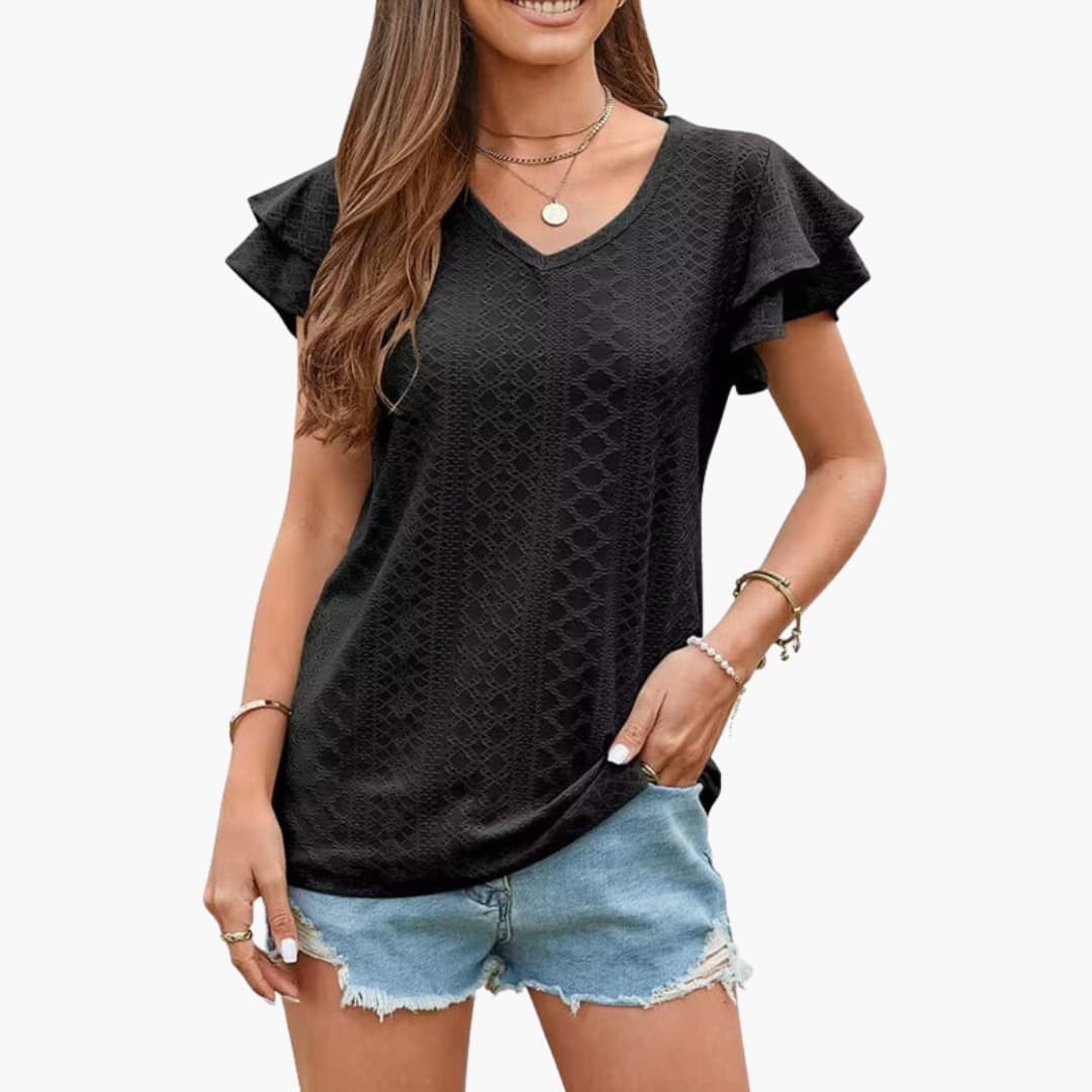 Women’s V-Neck Eyelet Ruffle Sleeve T-Shirt Short Sleeve Textured Top