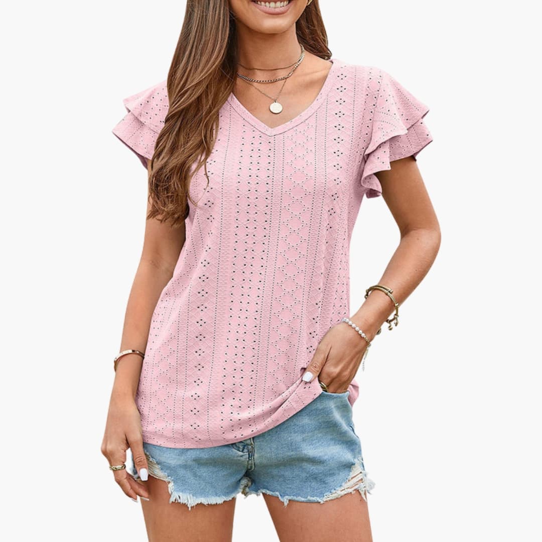 Women’s V-Neck Eyelet Ruffle Sleeve T-Shirt Short Sleeve Textured Top