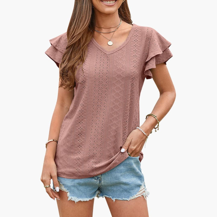 Women’s V-Neck Eyelet Ruffle Sleeve T-Shirt Short Sleeve Textured Top