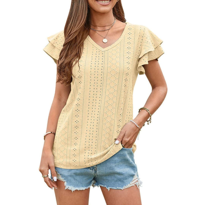 Women’s V-Neck Eyelet Ruffle Sleeve T-Shirt Short Sleeve Textured Top