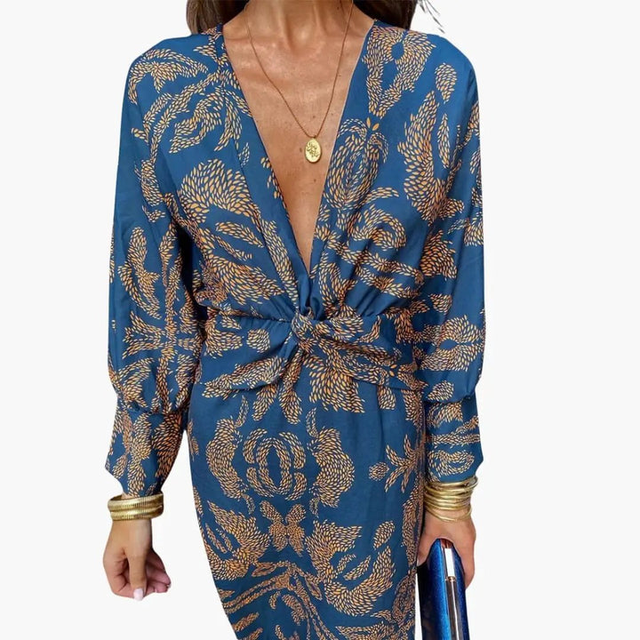 Women’s V - Neck Floral Midi Dress with Long Sleeves
