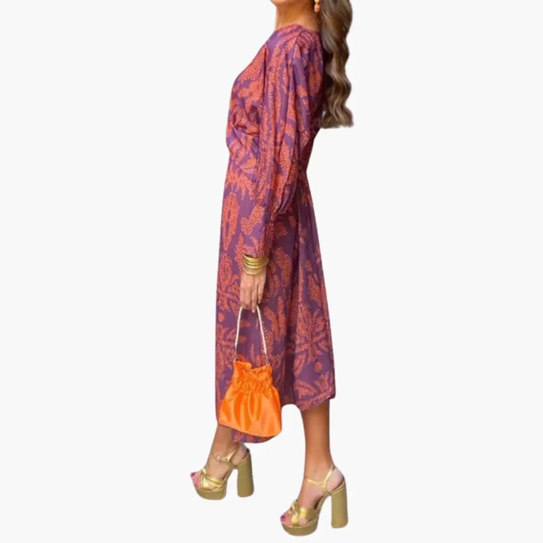 Women’s V - Neck Floral Midi Dress with Long Sleeves