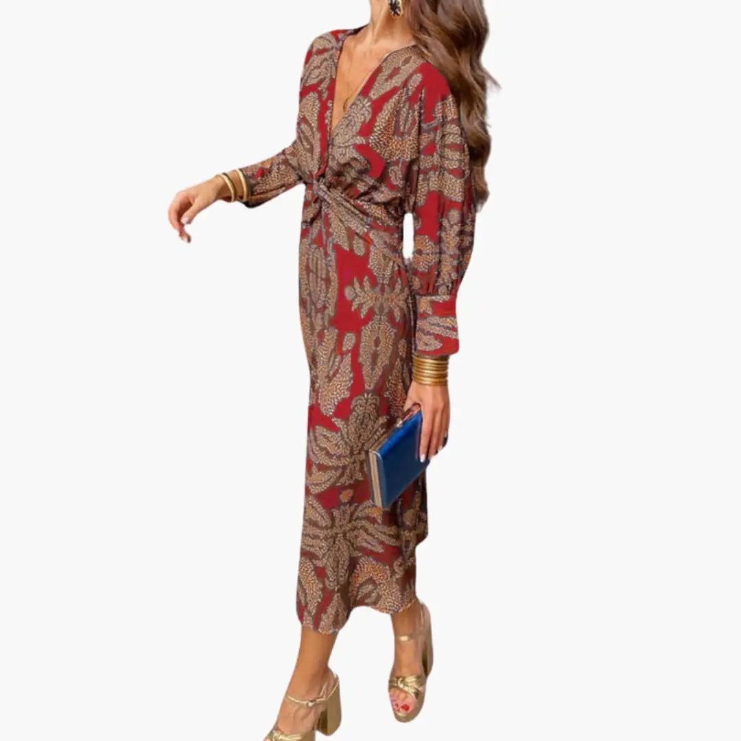 Women’s V - Neck Floral Midi Dress with Long Sleeves