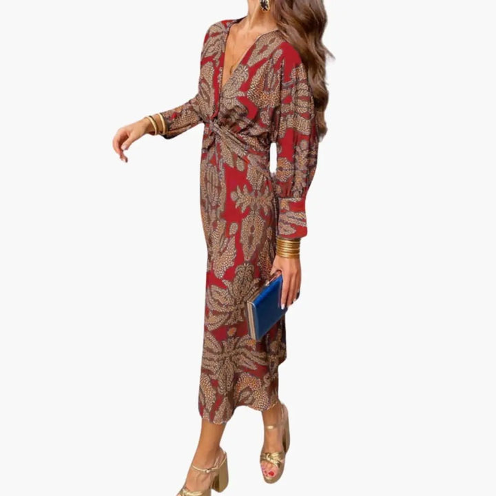 Women’s V - Neck Floral Midi Dress with Long Sleeves