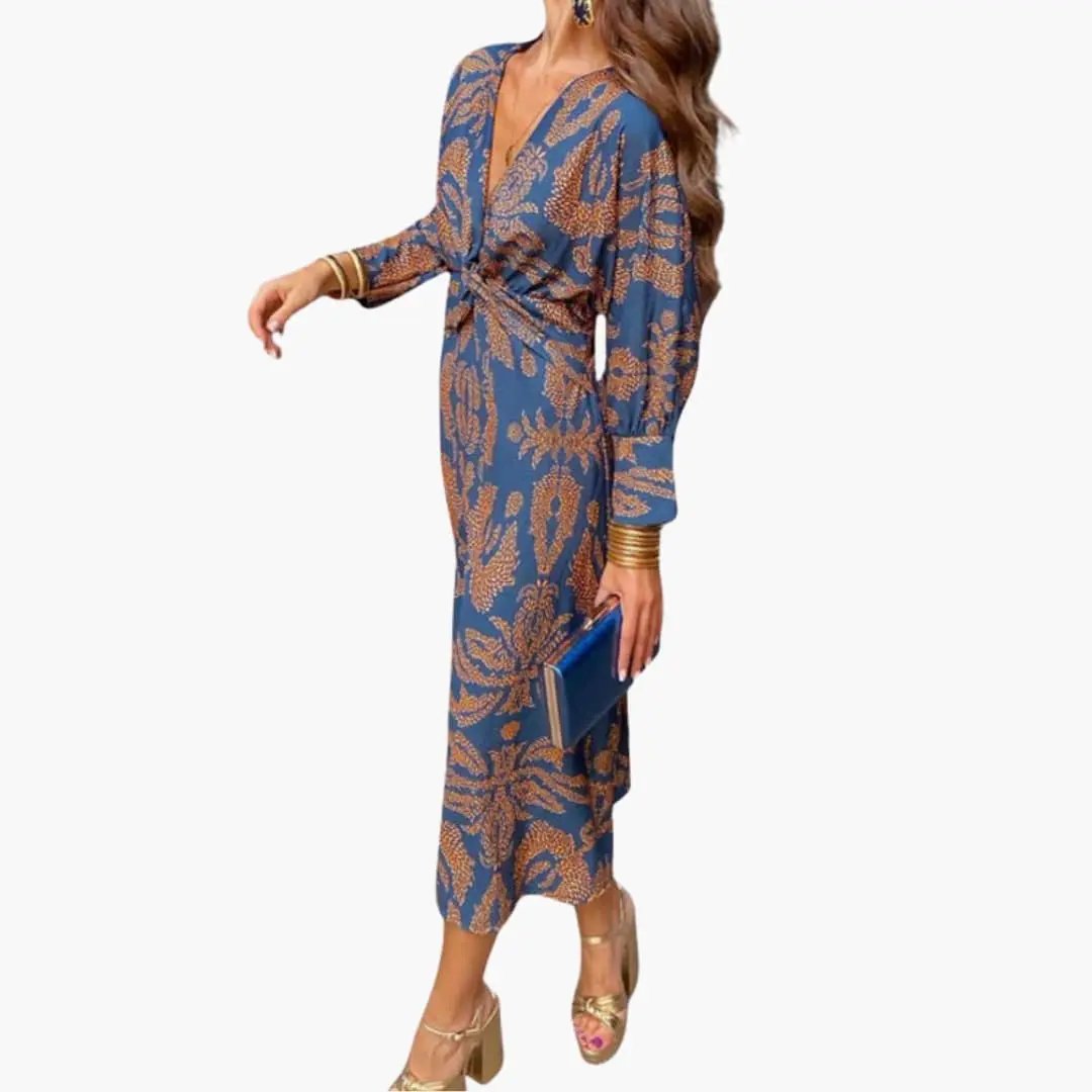 Women’s V - Neck Floral Midi Dress with Long Sleeves