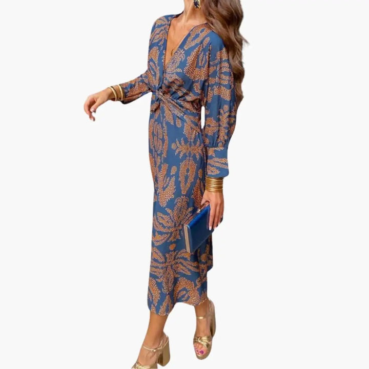 Women’s V - Neck Floral Midi Dress with Long Sleeves