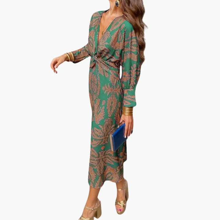 Women’s V - Neck Floral Midi Dress with Long Sleeves