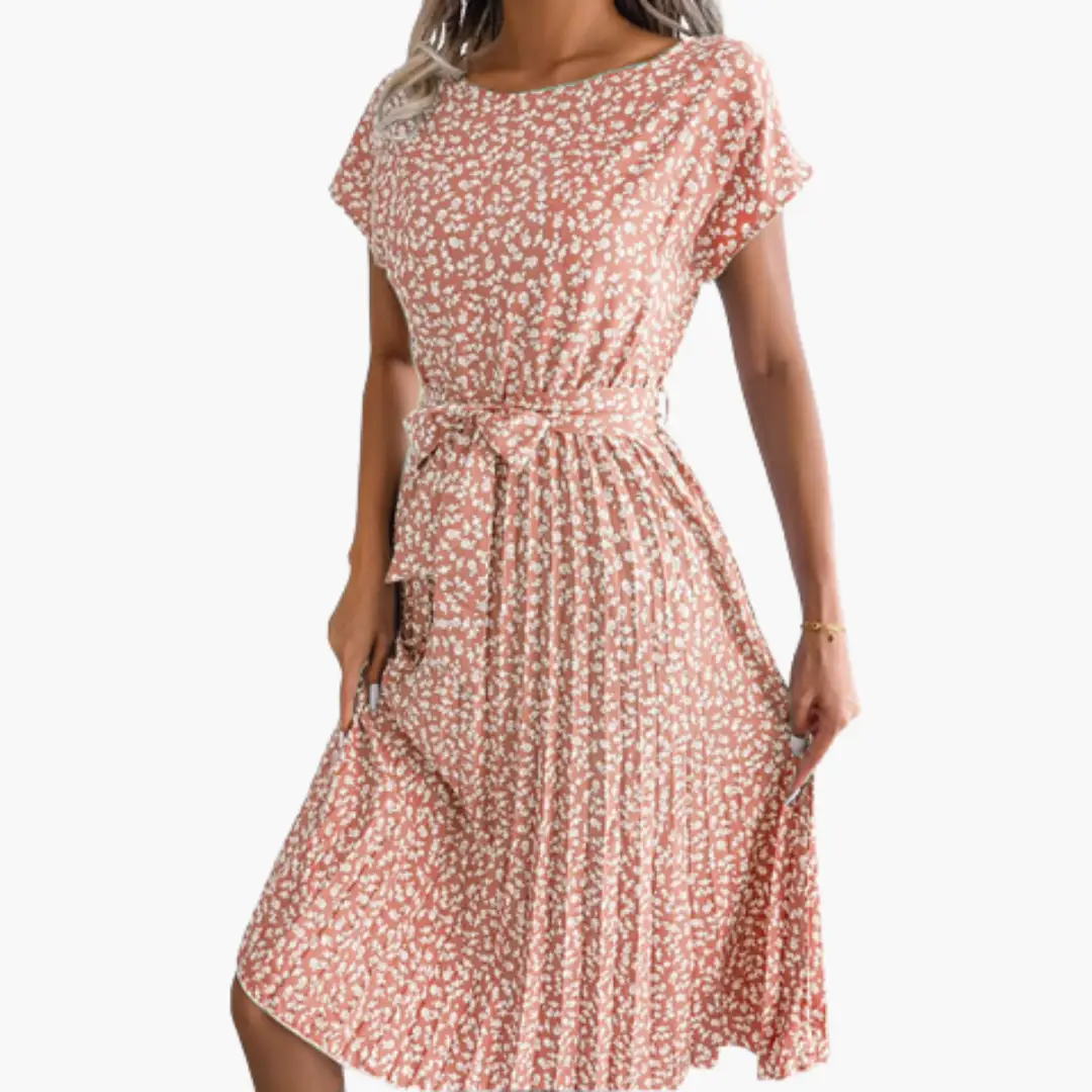 Women’s V - Neck Floral Summer Dress with Belt and Short Sleeves