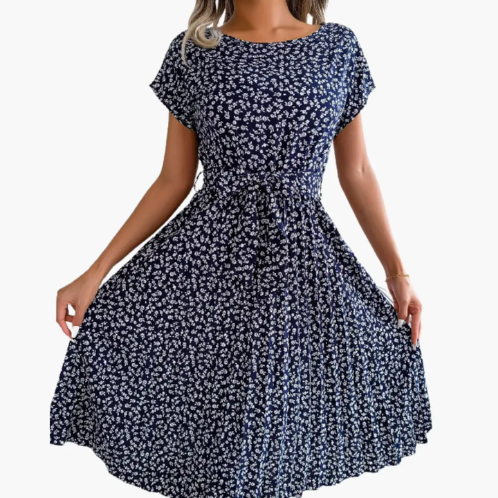 Women’s V - Neck Floral Summer Dress with Belt and Short Sleeves