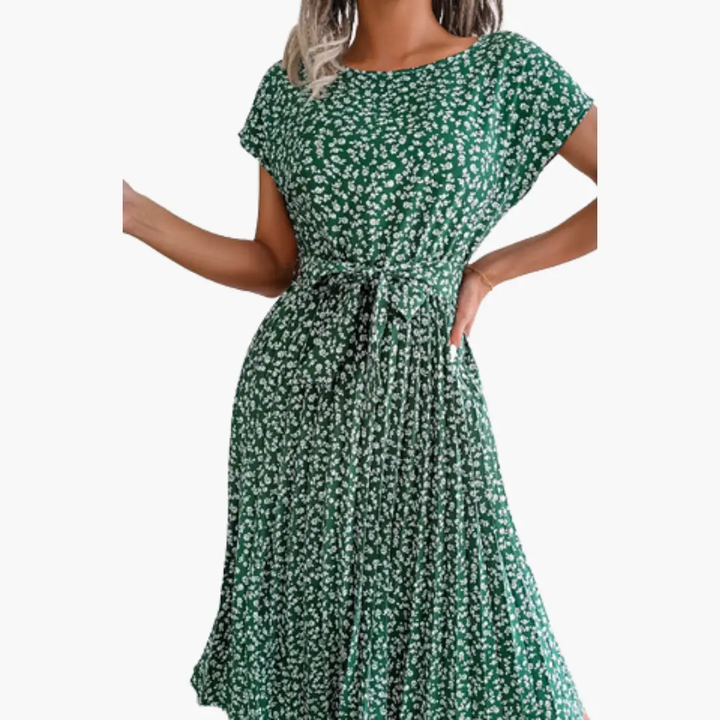 Women’s V - Neck Floral Summer Dress with Belt and Short Sleeves