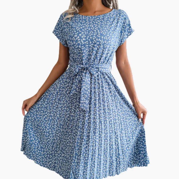 Women’s V - Neck Floral Summer Dress with Belt and Short Sleeves