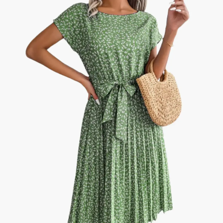 Women’s V - Neck Floral Summer Dress with Belt and Short Sleeves