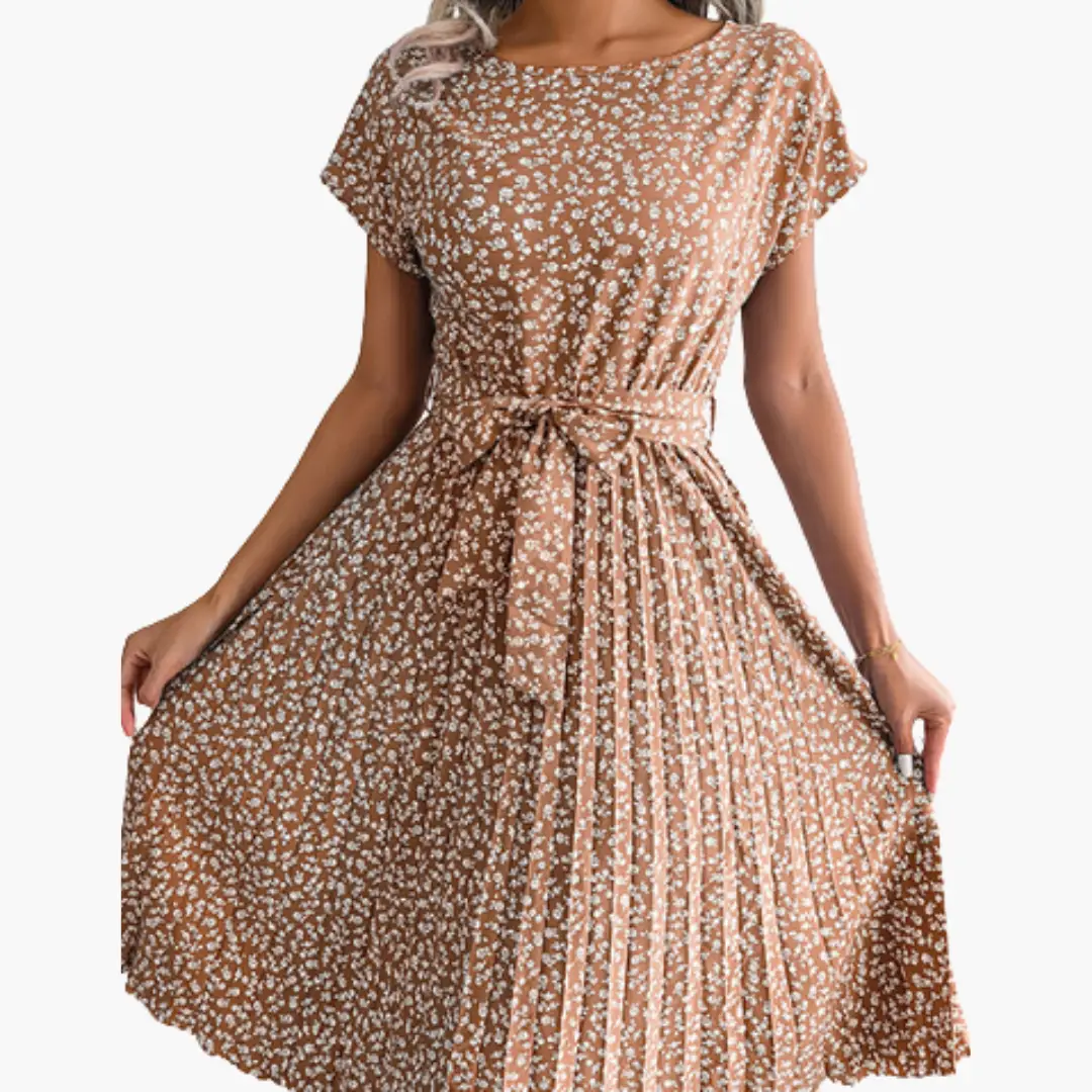 Women’s V - Neck Floral Summer Dress with Belt and Short Sleeves