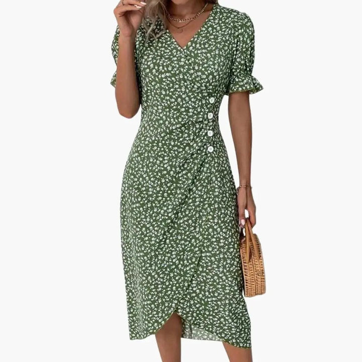 Women’s V-Neck Midi Dress Short Sleeve Defined Waist Day Dress