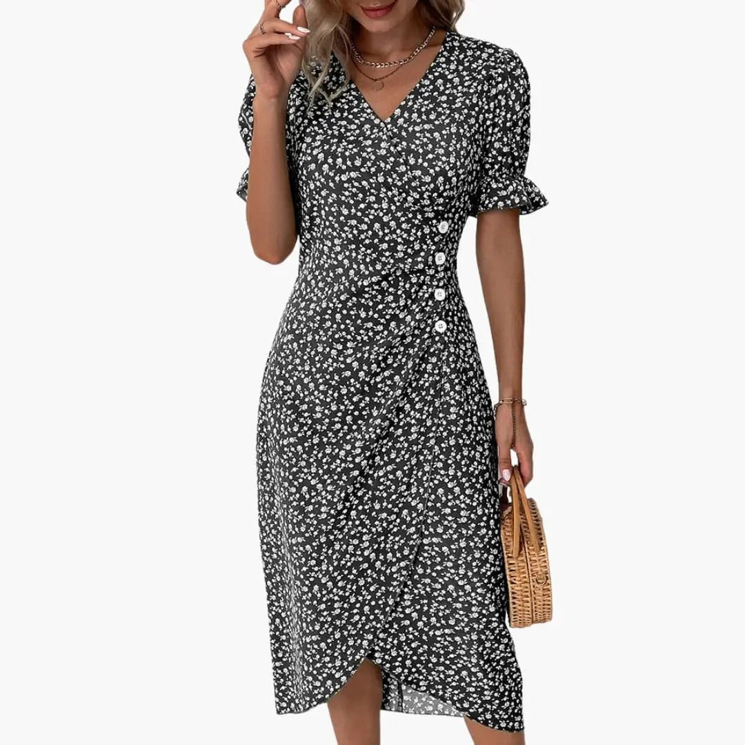 Women’s V-Neck Midi Dress Short Sleeve Defined Waist Day Dress