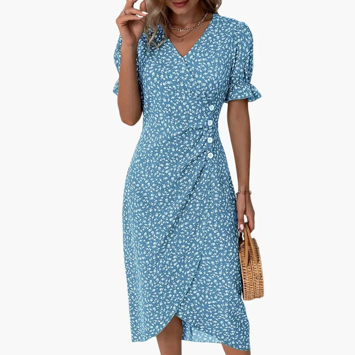 Women’s V-Neck Midi Dress Short Sleeve Defined Waist Day Dress