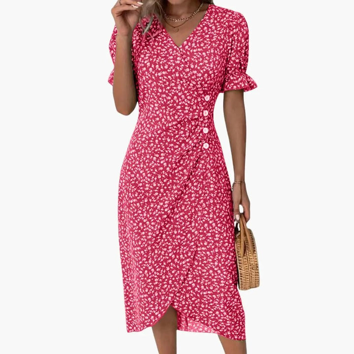 Women’s V-Neck Midi Dress Short Sleeve Defined Waist Day Dress