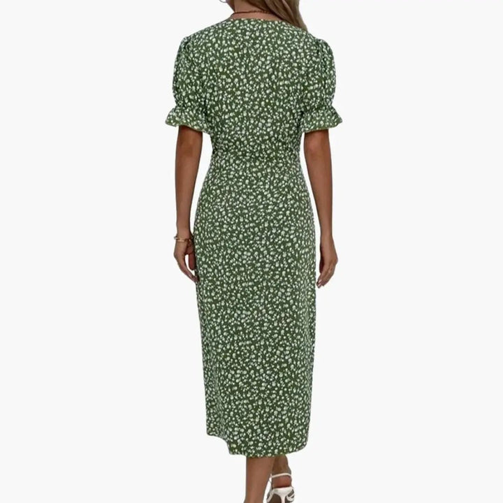 Women’s V-Neck Midi Dress Short Sleeve Defined Waist Day Dress