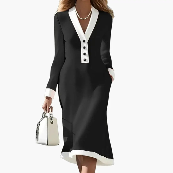 Women's V-Neck Midi Dress with Button Detail and A-Line Fit