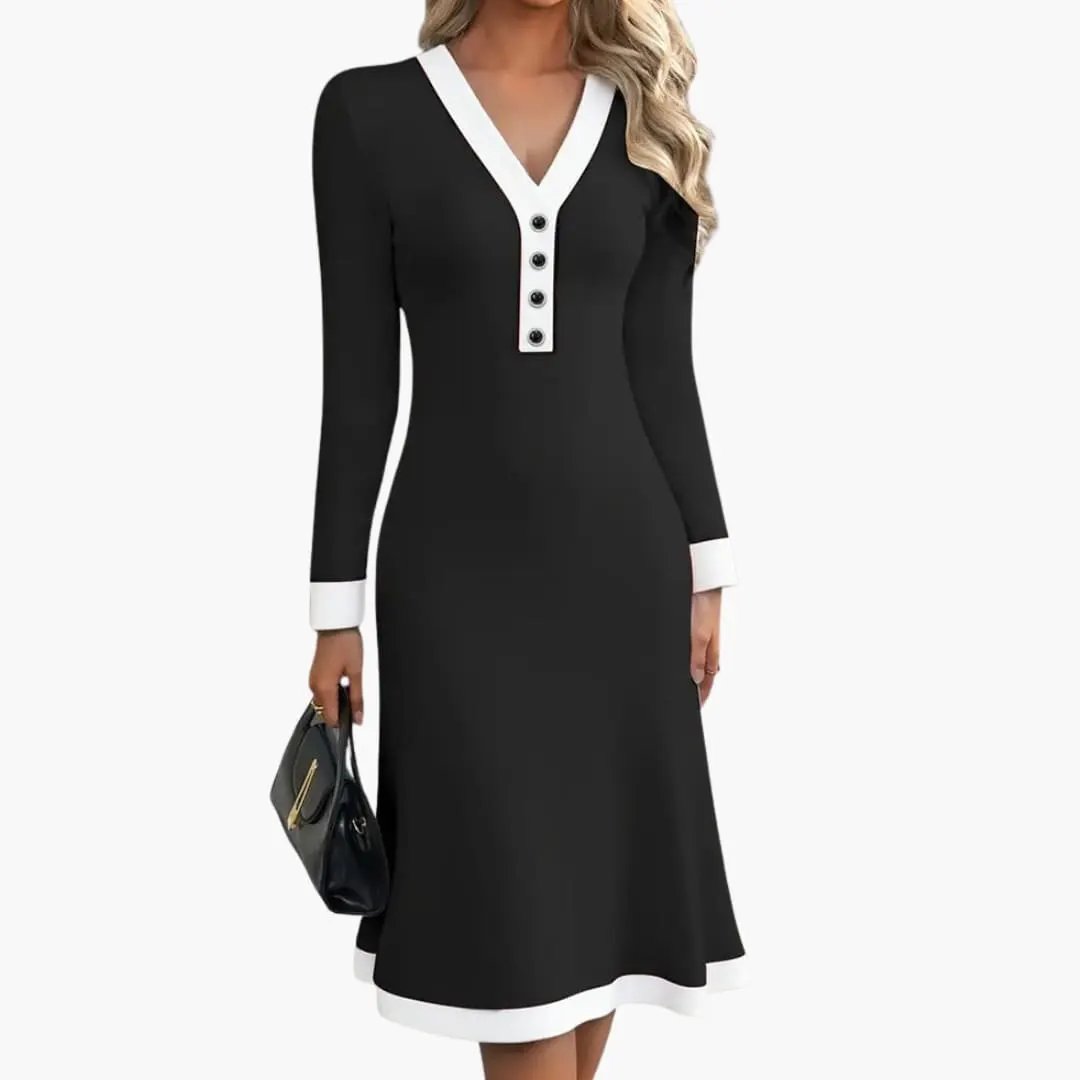 Women's V-Neck Midi Dress with Button Detail and A-Line Fit