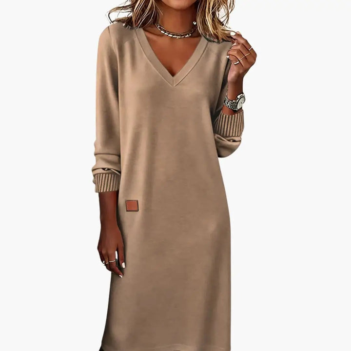 Women's V-Neck Midi Dress with Long Sleeves and Side Pockets