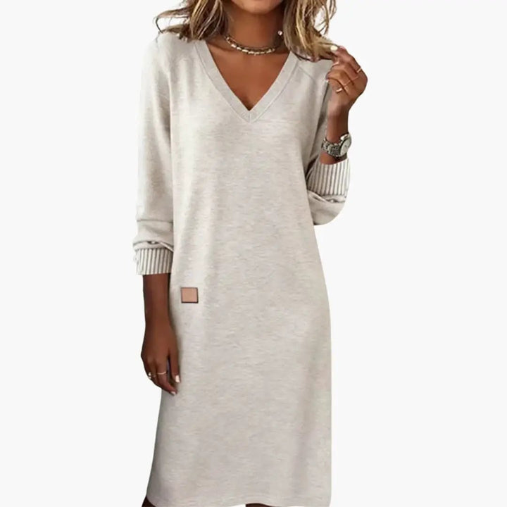 Women's V-Neck Midi Dress with Long Sleeves and Side Pockets