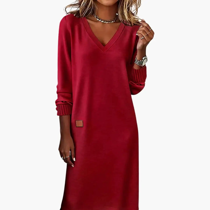 Women's V-Neck Midi Dress with Long Sleeves and Side Pockets