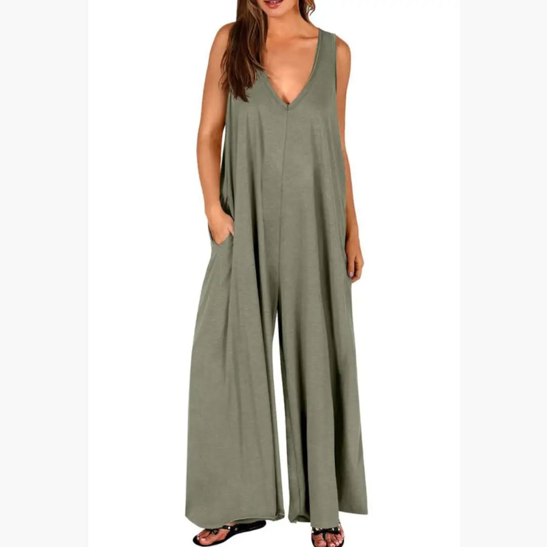 Women’s V-Neck One-Piece Jumpsuit with Pockets