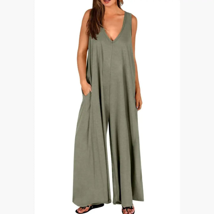 Women’s V-Neck One-Piece Jumpsuit with Pockets