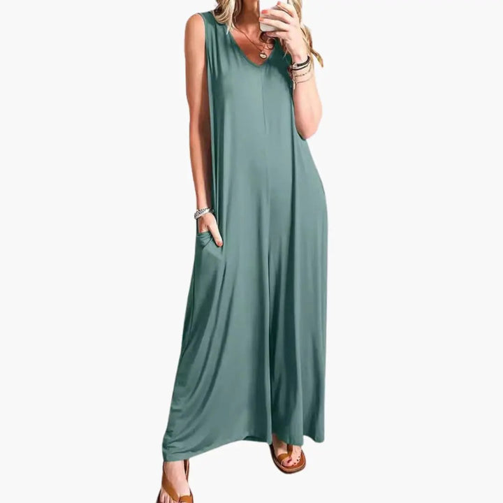 Women’s V-Neck One-Piece Jumpsuit with Pockets