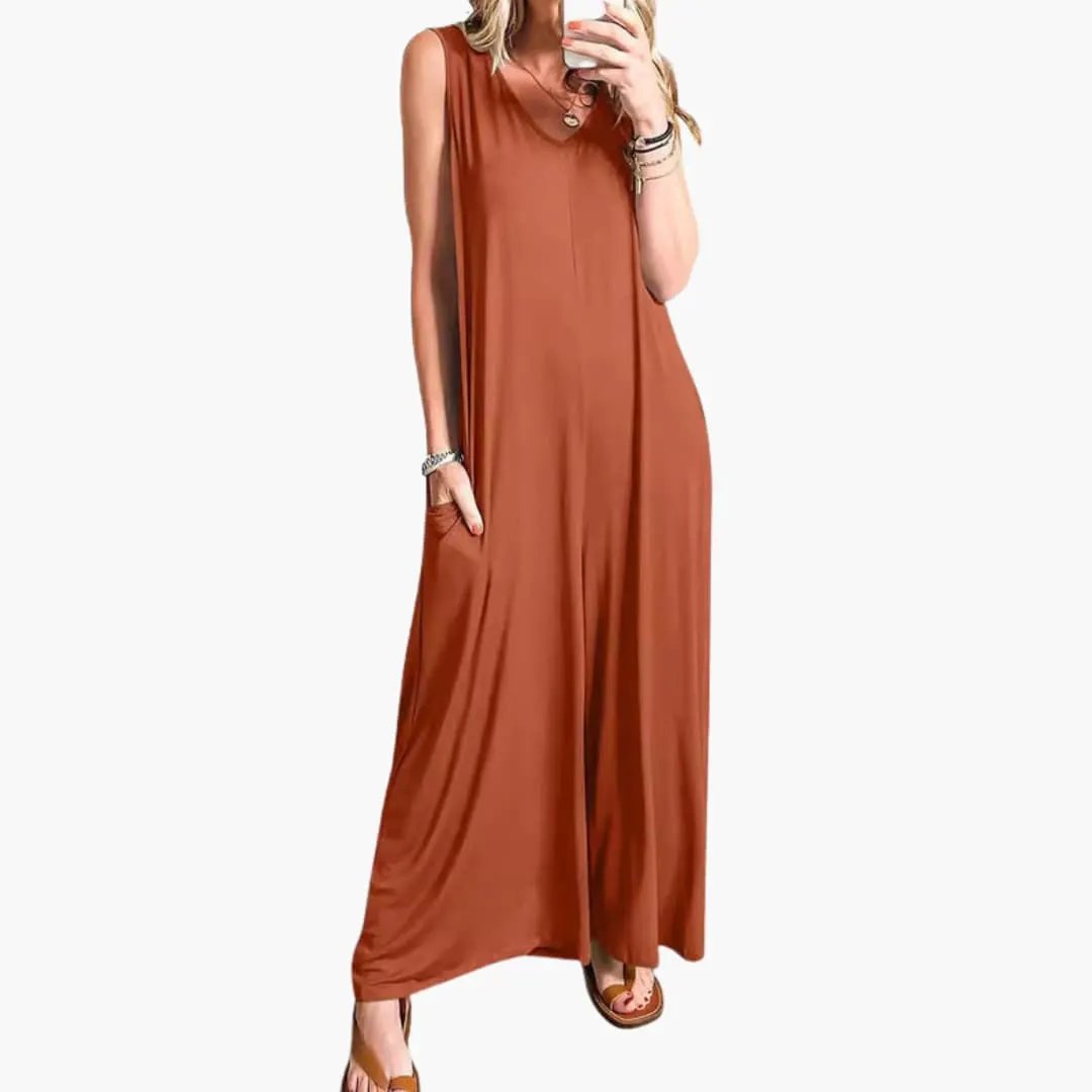 Women’s V-Neck One-Piece Jumpsuit with Pockets