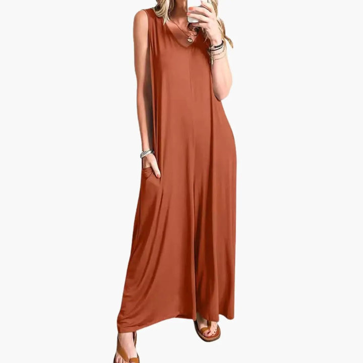 Women’s V-Neck One-Piece Jumpsuit with Pockets