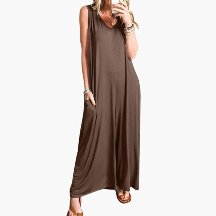 Women’s V-Neck One-Piece Jumpsuit with Pockets