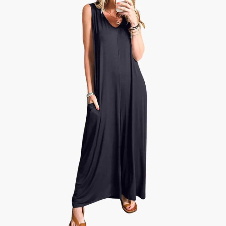 Women’s V-Neck One-Piece Jumpsuit with Pockets